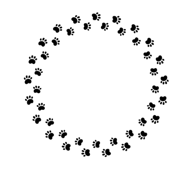 Рамка круга отпечатка лапы собаки симпатичная рамка отпечатка лапы кошки граница тропы домашних животных черный силуэт шага собаки простой рисунок каракулей векторная иллюстрация на белом фоне