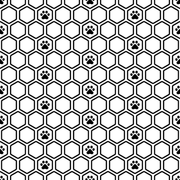 Vector dog paw seamless pattern hexagon honeycomb footprint