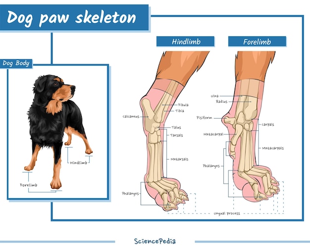 Vettore scheletro della zampa di cane anatomia dello scheletro della zampa di cane