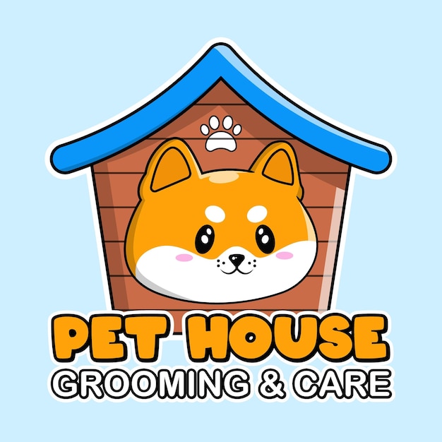 Dog pet house cute shiba inu cartoon character pet shop mascot design illustration