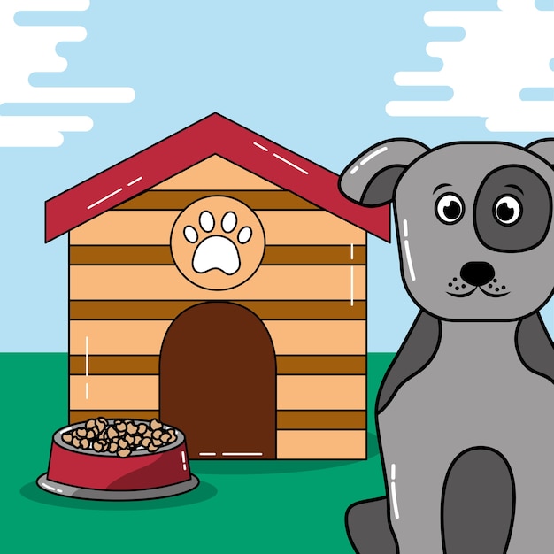 Собака домашнее животное сидит с деревянным домом и продовольственной чашей