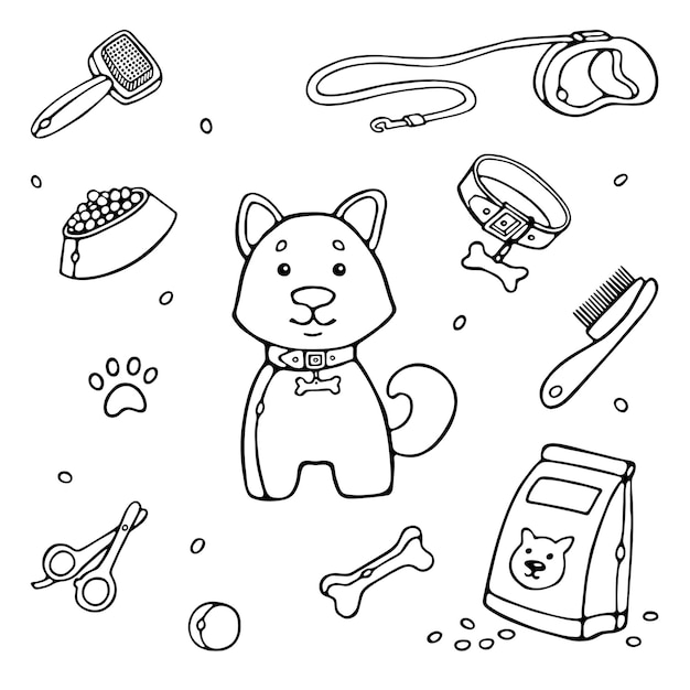 Cane animali forniture accessori elementi contorno doodle vettore premium