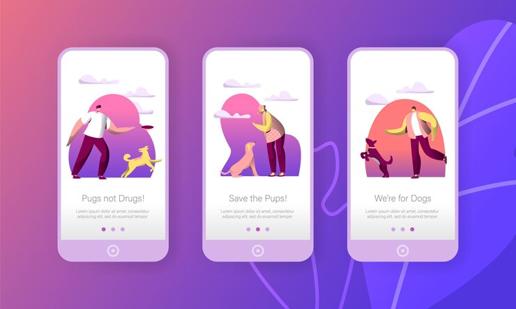 Vector dog play with man owner outdoor mobile app page onboard screen set.