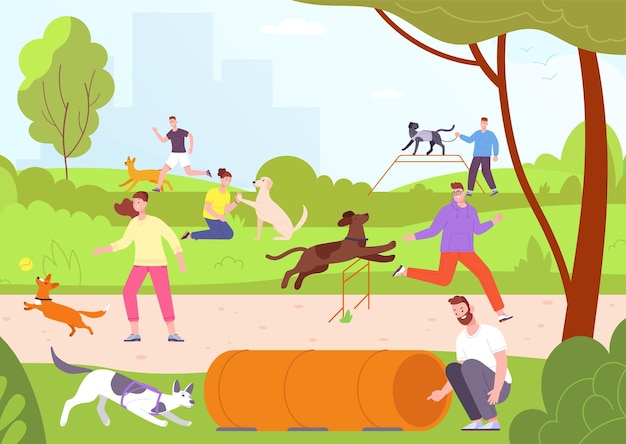 벡터 개 놀이터: 도시 공원 또는 애완동물 친화적 인 지역에서 개와 함께 놀고 는 훈련을 받는 사람들. 필드 활동. 강아지 달리기. 개 정원. 공원 개 훈련의 화려한 터 일러스트레이션.
