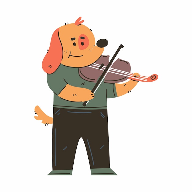 Dog playing on violin vector cartoon musician animal character isolated on a white background