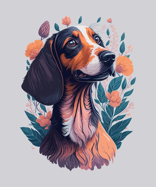 A dog portrait of a dog with flowers on the background