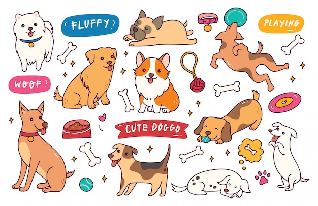 Vector dog pose hand drawn doodle collection