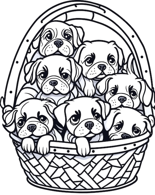 dog puppies in the basket kawaii style coloring page for kids cartoon style clean line art high