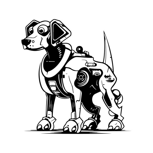 Dog robot machine vintage logo line art concept black and white color hand drawn illustration
