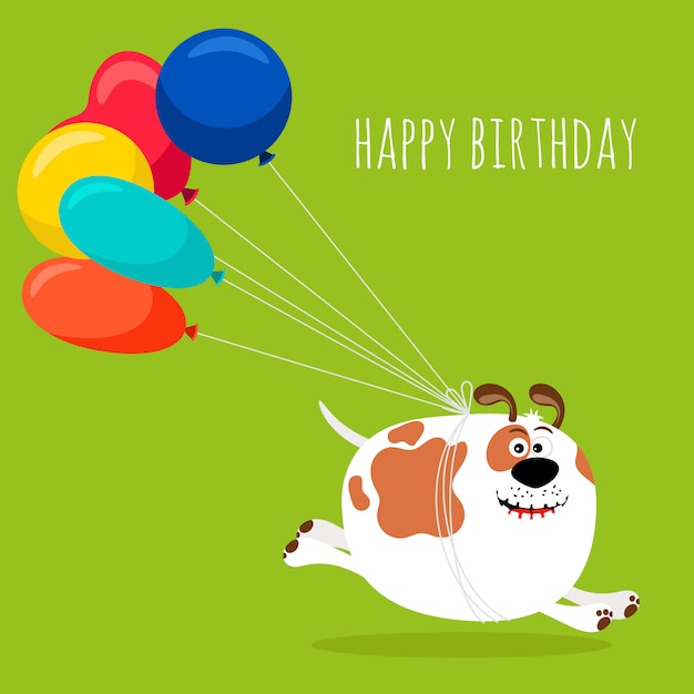 Vector dog running with air balloons, happy birthday greeting card