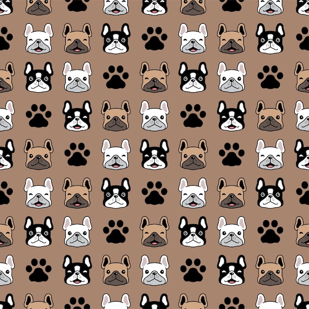 Vector dog seamless pattern french bulldog smile face footprint pet paw