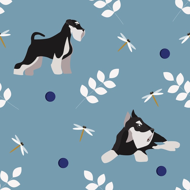 Бесшовный рисунок собаки со шнауцером Векторная иллюстрация собачьей стрекозы и листьев на голубом