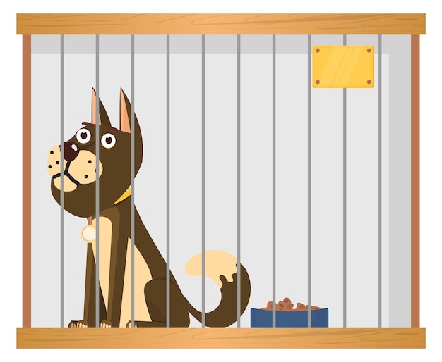 Vector dog shelter cage with sad animal cartoon illustration