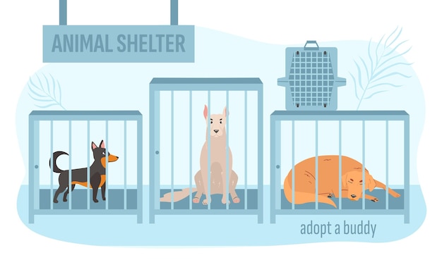 Dog shelter Caged stray dogs vector flat illustration Dog adoption or pet rescue center