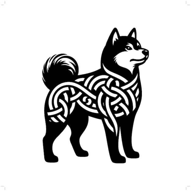 Vettore silhouette di cane shiba in animale nodo celtico irlandese illustrazione nordica