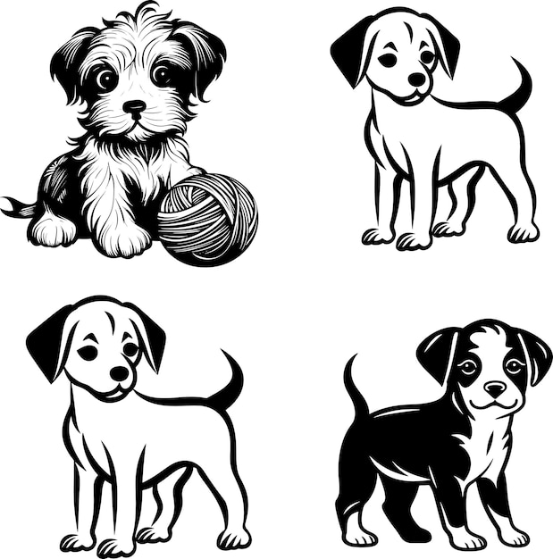 Vector dog silhouette black and white vector illustration cute sticker set