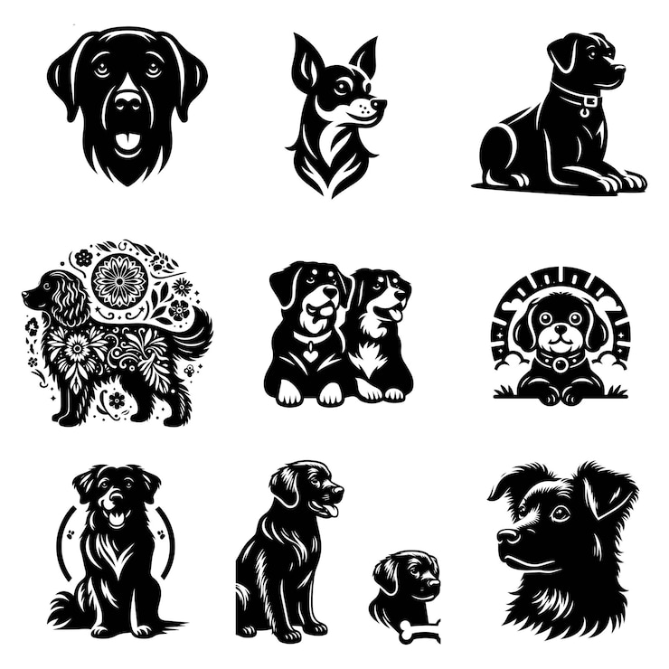 Vector dog silhouette stock illustration bundle in silhouette dog lover vector grafisch ontwerp hond gezicht vector hond poot silhouette
