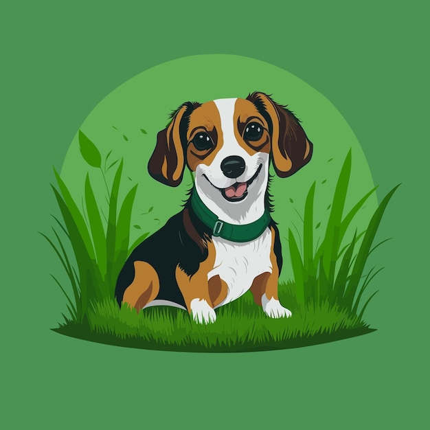 A dog sitting in the grass with a green background