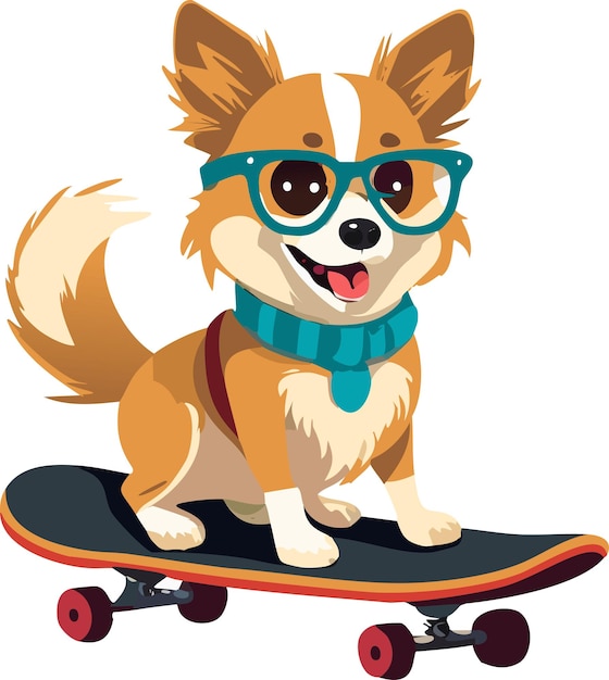 dog in a skateboard wearing eyeglass