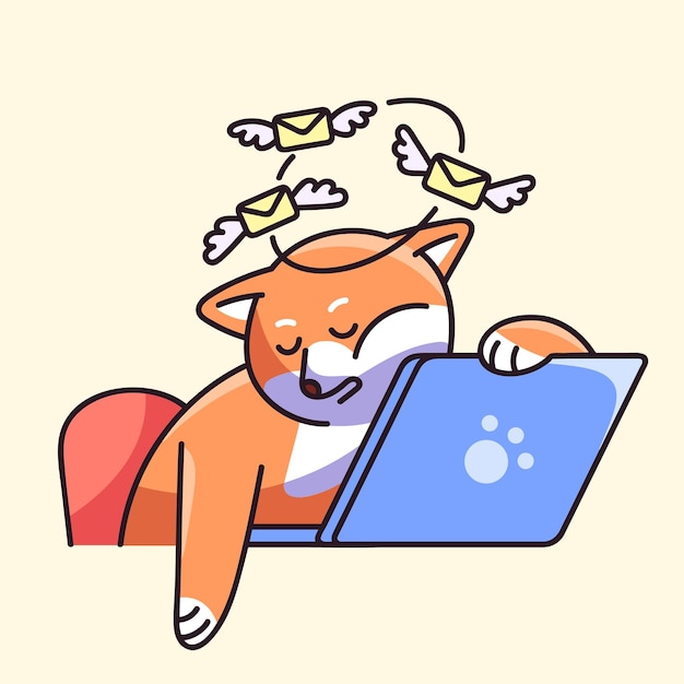 Dog sleep on laptop concept Cute Shiba tired of answering mails reply messages Worker rests on freelance puppy relaxes on pause procrastination on online work Flat isolated vector illustration