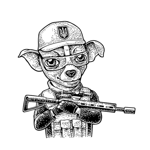 Dog soldier holds submachine gun Vector hand drawn black vintage engraving