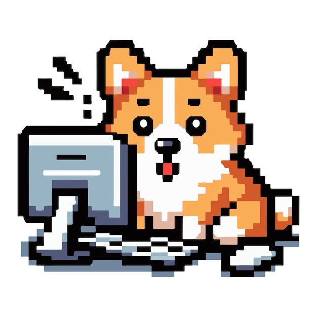 Dog surprise looking at pc with pixel art style