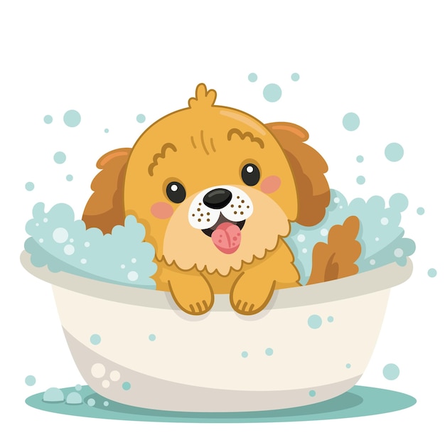 Vector a dog taking a bath with a bubble bath