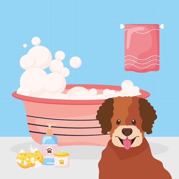 Vector dog taking a bath