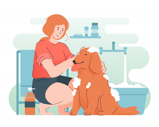 Vector dog taking a bubble bath. people and pet concept