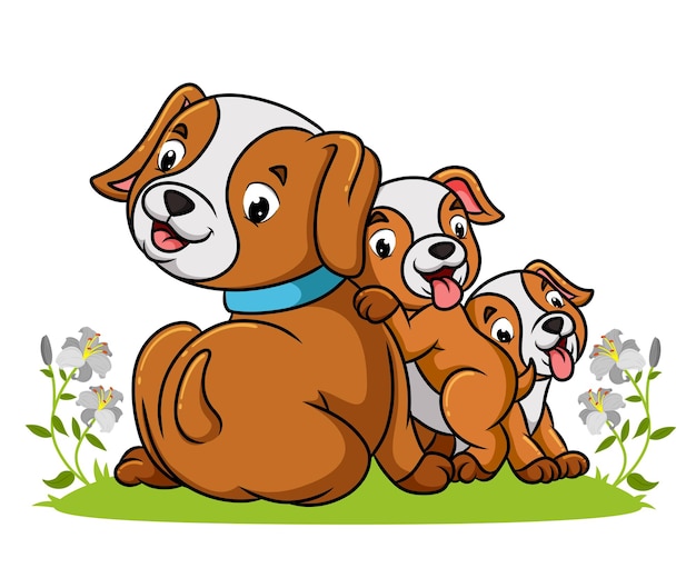 The dog and two puppies are playing together of illustration