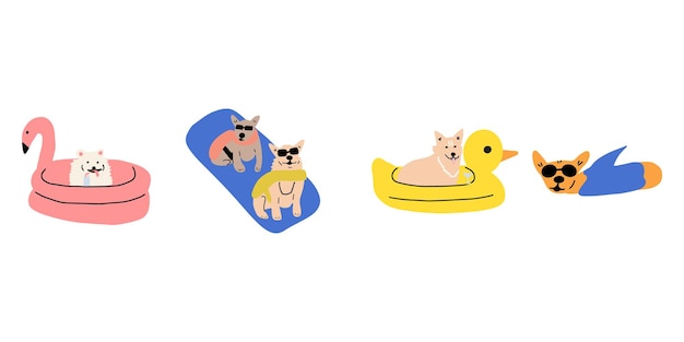 Vector dog on vacation cute animal rest by floating on an inflatable mattress