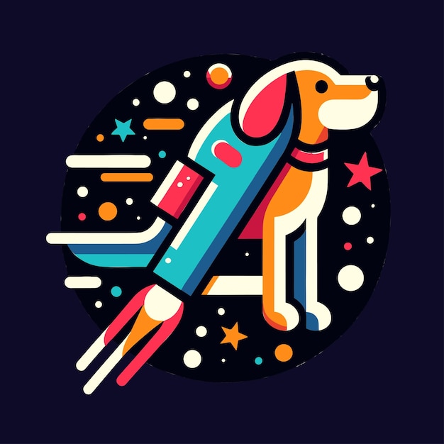 Dog vector illustratie met een raket op donkere achtergrond en sterren in de ruimte Leuke sticker of t-shirt
