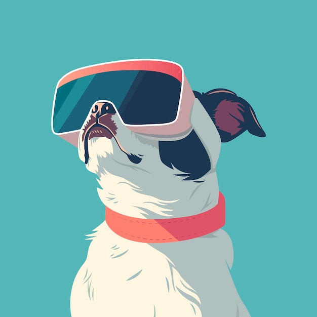 Vector dog in vr glasses solid blue background