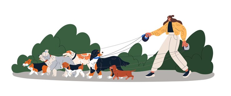 Vector 雑種犬グループを率いるドッグウォーカー。女性、ペットシッターがリードにつないだたくさんの子犬と一緒に行きます。犬サービスのさまざまな動物と女の子。フラット ベクトル図は、白い背景で隔離。