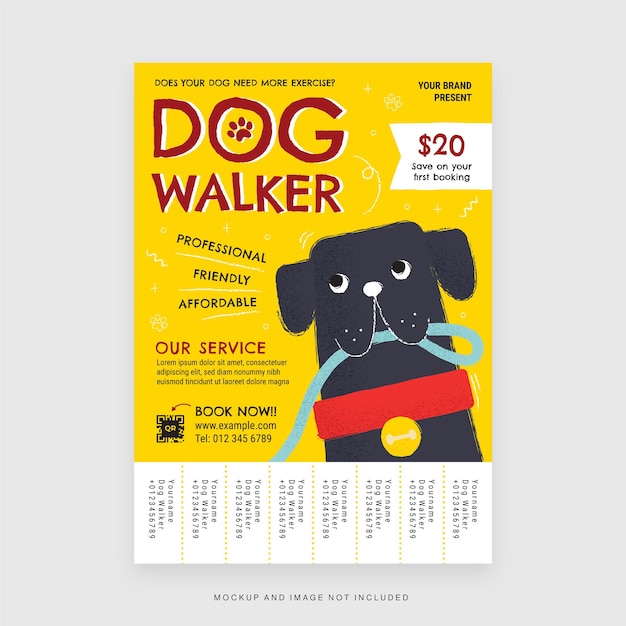 Шаблон флаера службы домашних животных для выгула собак в векторе с желтым фоном