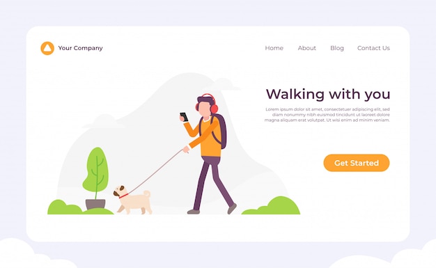 Vector dog walking with you landing page