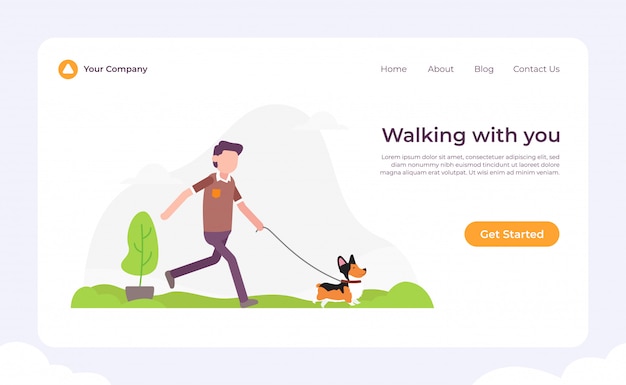 Vector dog walking with you landing page