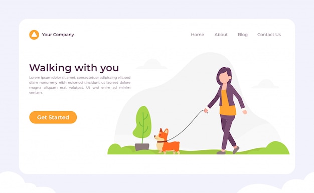 Vector dog walking with you landing page