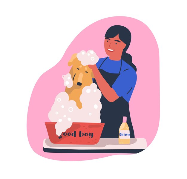 犬の洗浄サービスフラットイラスト かわいい家畜漫画のキャラクターをシャンプーする美容師 プレミアムベクター