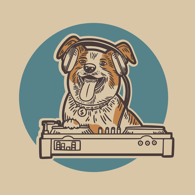 The dog wearing a headset and is playing a pioneer dj with a blue circle background vintage illustration