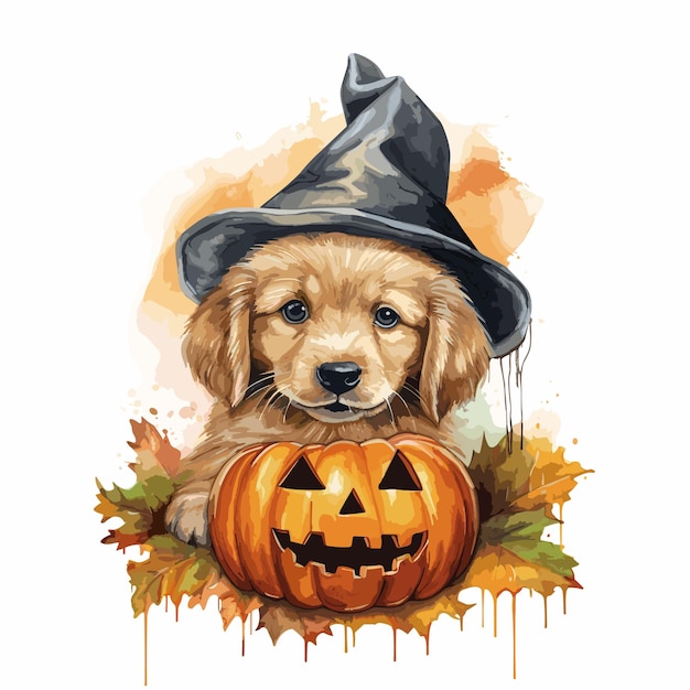 dog wearing witch hat with pumpkins