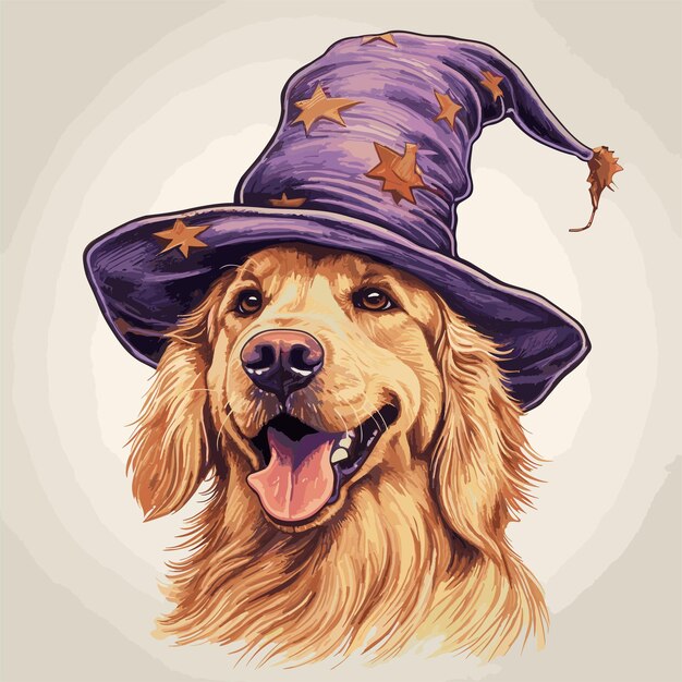 Dog wearing witch hat with pumpkins