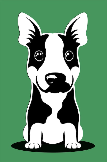 A dog with a black and white face sits on a green background.