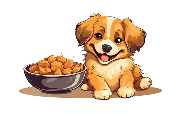 Dog with bowl of food isolated vector style illustration