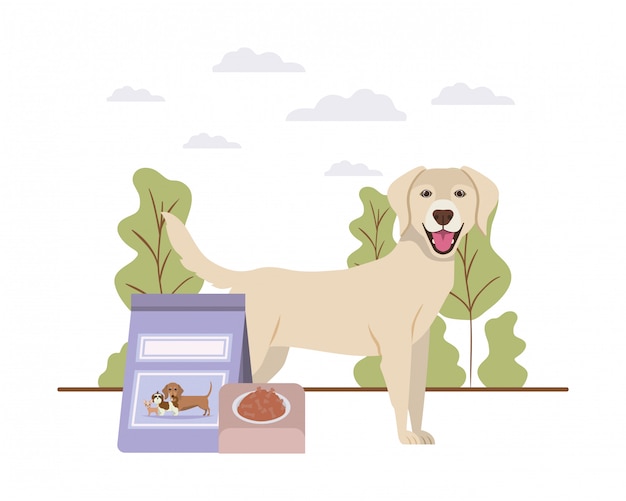 Vector dog with bowl and pet food on landscape