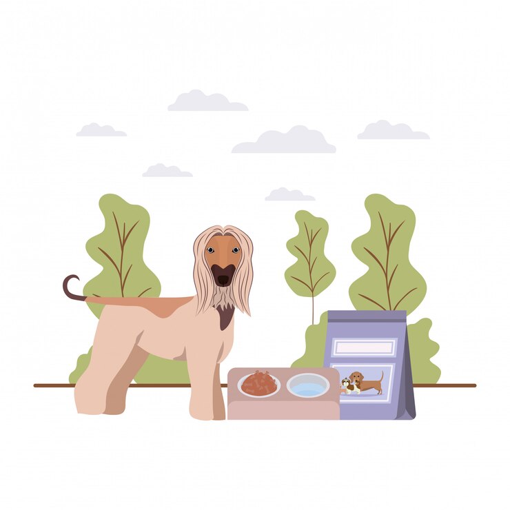 Vector dog with bowl and pet food on landscape