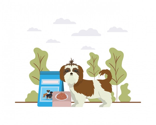 Vector dog with bowl and pet food on landscape