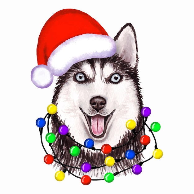 サンタさんの帽子にクリスマス ライトを持つ犬。かわいいクリスマスの子犬のイラスト。