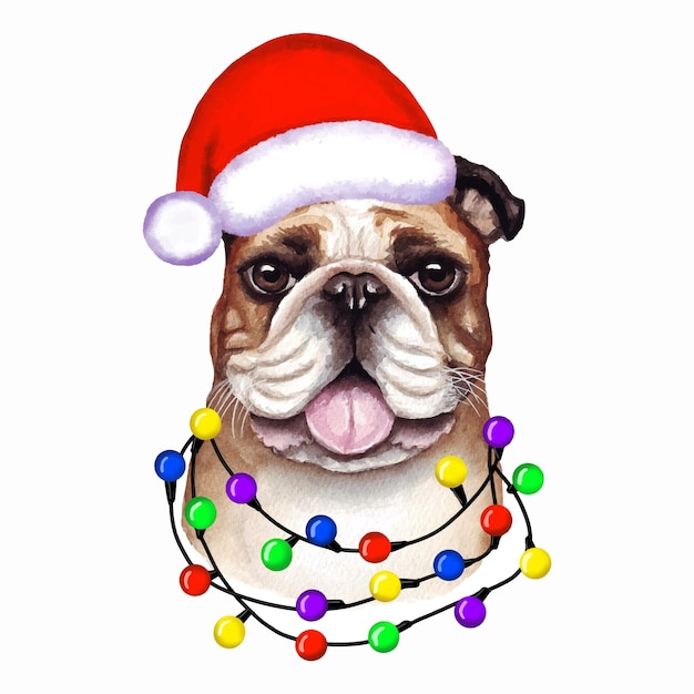 Vector dog with christmas lights in santa's hat. cute christmas puppy illustration.