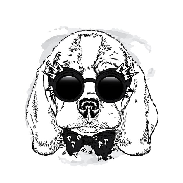 Vector dog with glasses and tie isolated on white